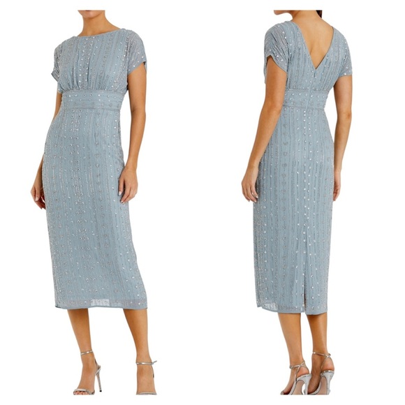 Mac Duggal 93649 Blue Beaded Midi Dress Empire Waist Cap Sleeve Size 2 NWT - Picture 1 of 6